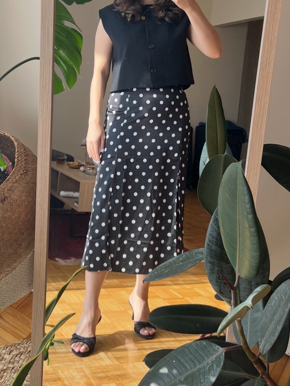 H&M Black Midi Skirt with White Polka Dots
